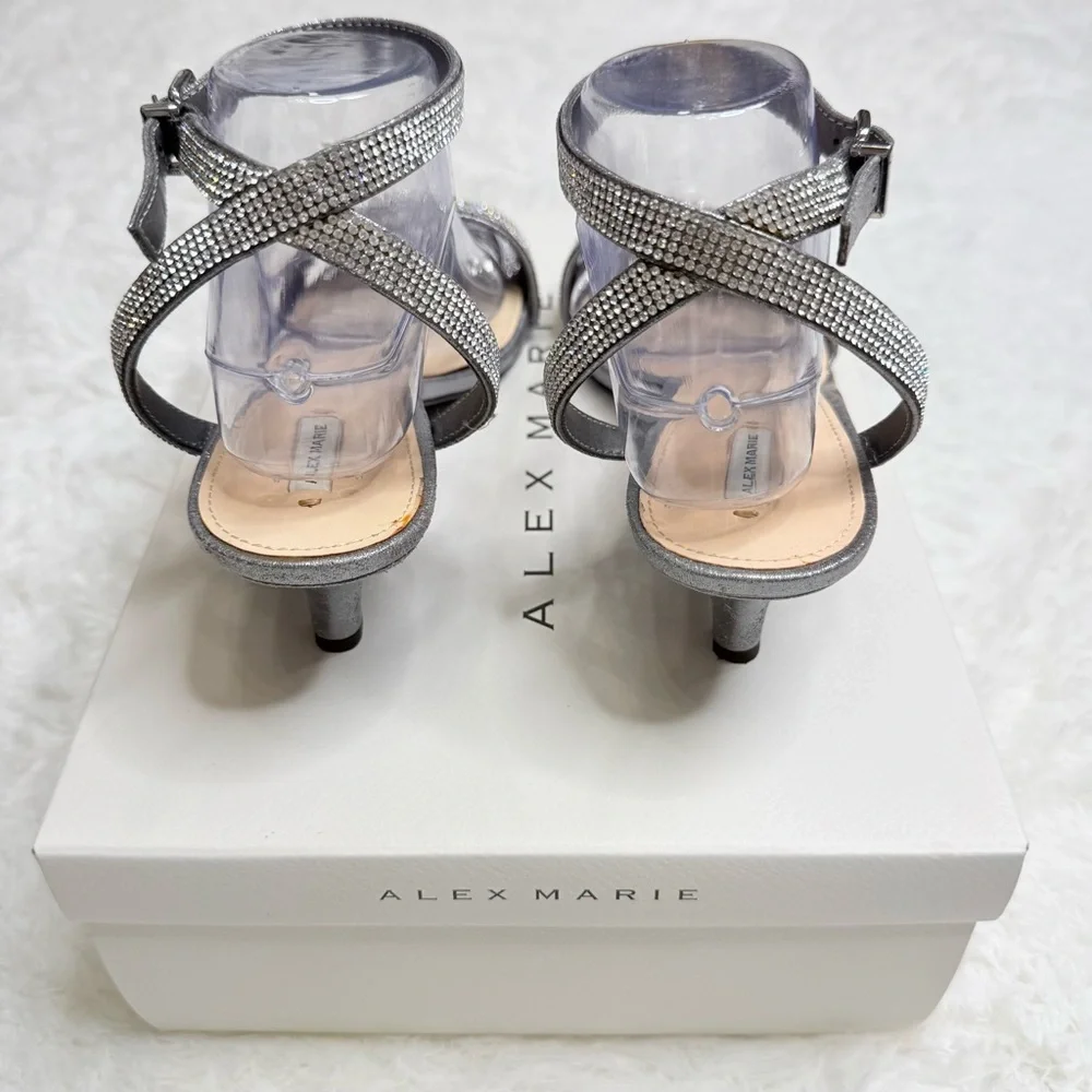 Alex Marie Nallie Rhinestone Heels Silver Strappy Sandals Size 9M Dressy Evening